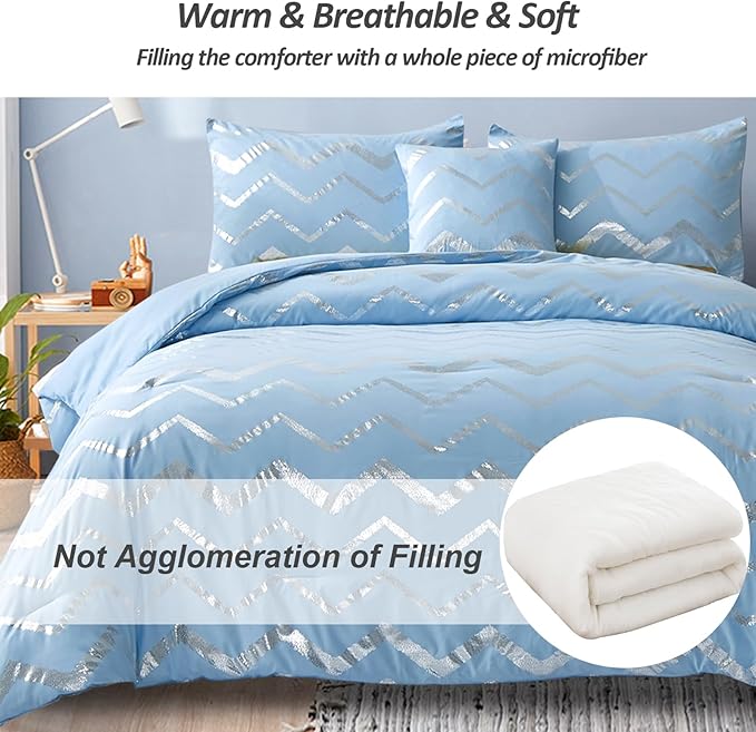 Blue/Silver Comforter Set Twin, Metallic Print Glitter Bedding Set Cute Shinny Bed Sets for Teen Girls Kids Women, 3 Piece (1 Pillowcase, 1 Decorative Pillow Sham)