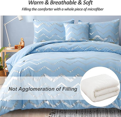 Blue/Silver Comforter Set Twin, Metallic Print Glitter Bedding Set Cute Shinny Bed Sets for Teen Girls Kids Women, 3 Piece (1 Pillowcase, 1 Decorative Pillow Sham)