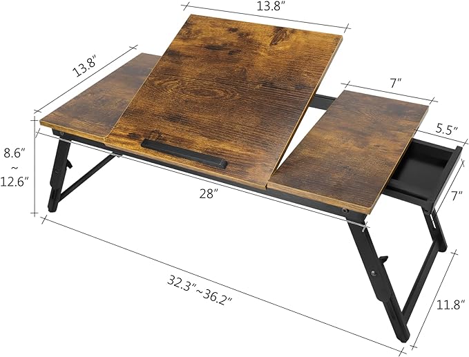 Bamboo Laptop Desk Bed Tray Table Adjustable Table for Computer Tilting Top Foldable Leg with Drawer