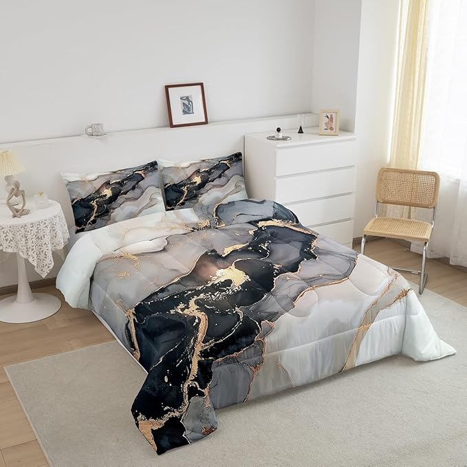 Erosebridal Black Marble Bedding Set Full,Black and Grey Marble Comforter Set Men Teens Boys Modern Gray Orange Abstract Art Tie Dye Down Comforter Kids Gothic White Gold Marble Duvet Insert Soft