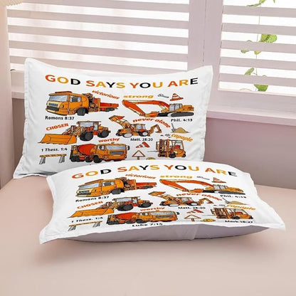Kids Construction Vehicles Truck Comforter for Boys Queen,Cartoon Car Excavator Tractor Bedding Set,Construction Christian Spirational Quotes Comforter with 2 Pillowcases White