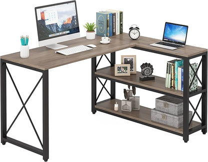 Tribesigns Reversible Industrial L-Shaped Desk with Storage Shelves, Corner Computer Desk PC Laptop Study Table Workstation for Home Office Small Space (Grey, 53")