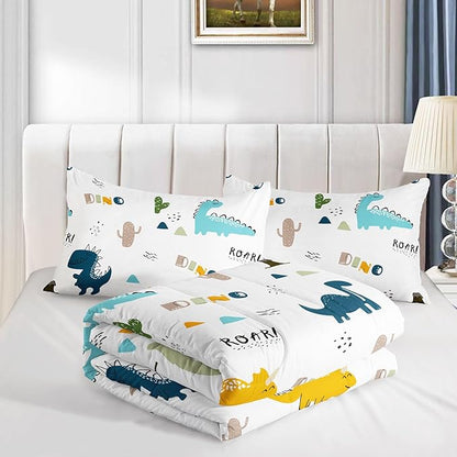 Datura home Dinosaur Comforter Set White Kawaii Dinosaur Printed Quilt Bedding Set with 1 Comforter and 2 Pillowcases for Boys and Girls Bedroom All Season(White Dinosaur Full)