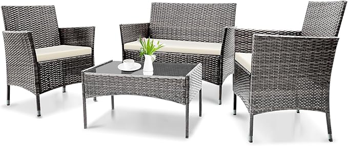 Patio Furniture, 4 Piece Conversation Set, Outdoor Wicker Rattan Table and Chairs, Sectional Sofa with Thick Cushion for Garden, Yard, or Porch, Grey