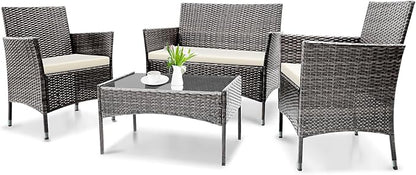 Patio Furniture, 4 Piece Conversation Set, Outdoor Wicker Rattan Table and Chairs, Sectional Sofa with Thick Cushion for Garden, Yard, or Porch, Grey