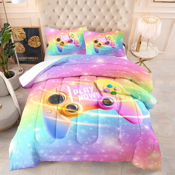 Kids Gamer Comforter Set Girls Pink Purple Gamepad Print Quilt Bedding Set for Boys Girls Twin Size Quilt and Pillowcases All Season