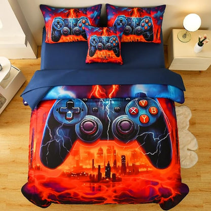 Game Console Twin Comforter Set with Sheets, Microfiber 6 Pcs Bed in A Bag Twin Size Gamer Bedding Set for Boys Kids Teens