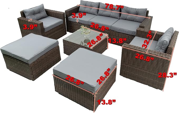 6 Piece Patio Outdoor Furniture Rattan Wicker Conversation Sofa Set with Removeable Cushions and Tempered Glass Table Top for Garden Yark, Lawn, Backyard, Brown