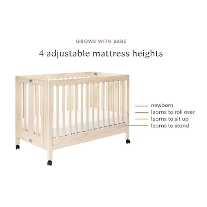 Babyletto Maki Full-Size 2-in-1 Portable Folding Crib with Toddler Bed Conversion Kit in Washed Natural, Greenguard Gold Certified