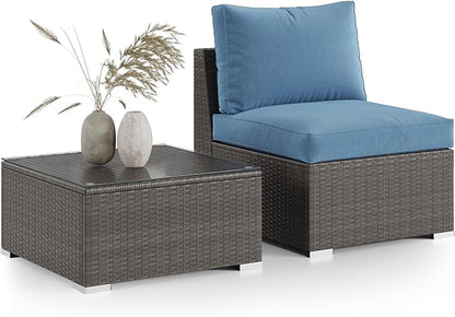 Wisteria Lane 2 Pieces Patio Furniture Sets, Outdoor Sectional Furniture with Armless Sofa, Tempered Glass Table and Cushion, Patio Conversation Sets for Garden Backyard, Blue
