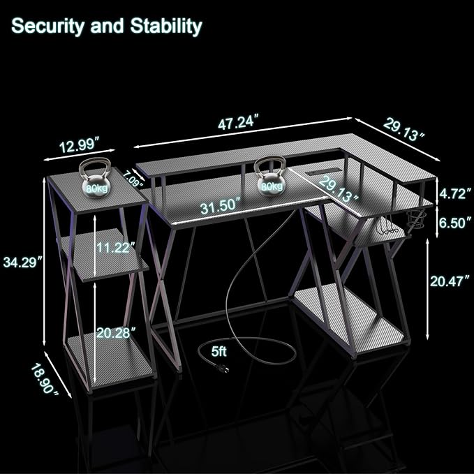 47 Inch L Shaped Gaming Desk L Desk Gaming Desk with Led Lights Computer Desk with Power Outlets Gaming Table Corner Desk for Bedroom Small Desk for Home Office,Black