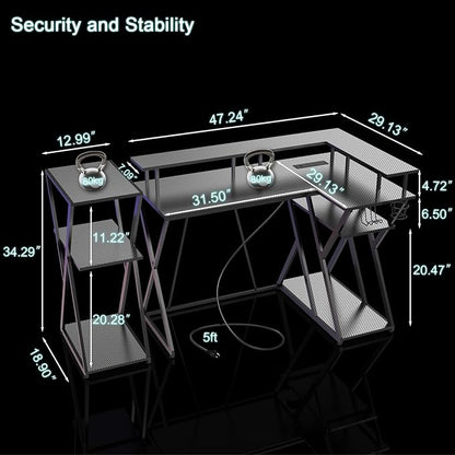 47 Inch L Shaped Gaming Desk L Desk Gaming Desk with Led Lights Computer Desk with Power Outlets Gaming Table Corner Desk for Bedroom Small Desk for Home Office,Black