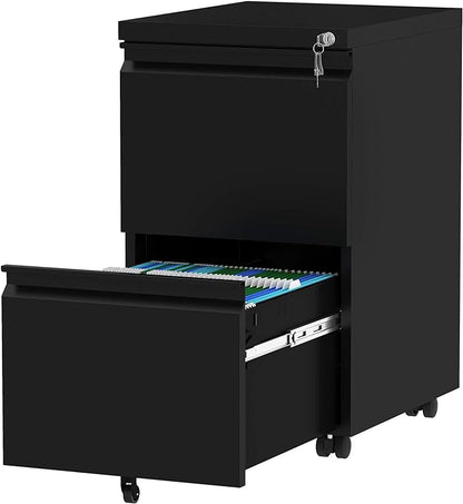 YITAHOME 2-Drawer Vertical File Cabinet with Lock, 20” Deep Mobile Metal Filing Cabinet for Legal/Letter Size, 20” Height Pre-Built Office Storage File Cabinet Except Wheels Under Desk - Black