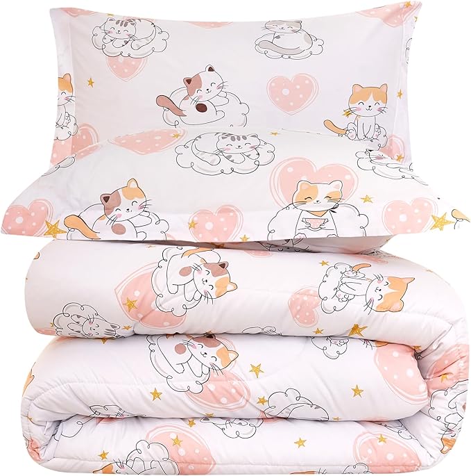 Cat Kids Comforter Set for Girls Twin, Cute Quilted Pink Heart Printed Bedding Set with Pillow Sham, Lightweight Soft Breathable Machine Washable Bed Set 2 Piece