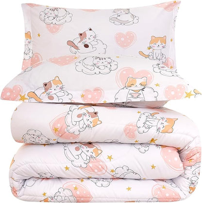 Cat Kids Comforter Set for Girls Full Size, Cute Quilted Pink Heart Printed Bedding Set with Pillow Sham, Lightweight Soft Breathable Machine Washable Bed Set 3 Piece