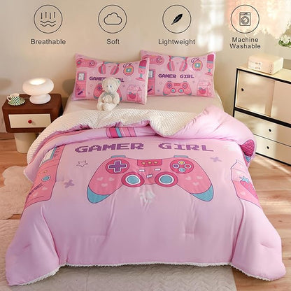 Video Game Twin Size Comforter Set for Girls Kids Teens 3D Gaming Controller Pattern Gamepad Print Bedding Set- 3 Piece Pink Quilt with 2 Pillowcases (68"x90")
