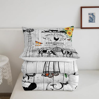 Rustic Western Comforter Set, Western Cow Bull Bedding Queen For Boys Teens Youth, Tribal Windmill Farmhouse Southwestern Bedding Comforter Sets for Women Men, Woodland Animals Quilt, 2 Pillowcases
