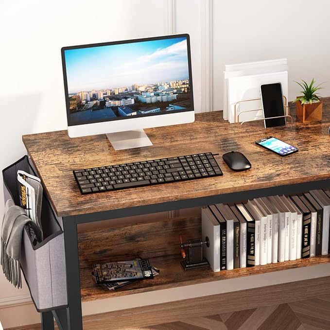 DKLGG Small Computer Desk Study Table, 43 Inch Home Office Laptop Table for Small Spaces, Modern Work Writing Table with Storage Bag & Headphone Hook, Rustic Brown