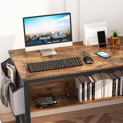 DKLGG Small Computer Desk Study Table, 43 Inch Home Office Laptop Table for Small Spaces, Modern Work Writing Table with Storage Bag & Headphone Hook, Rustic Brown