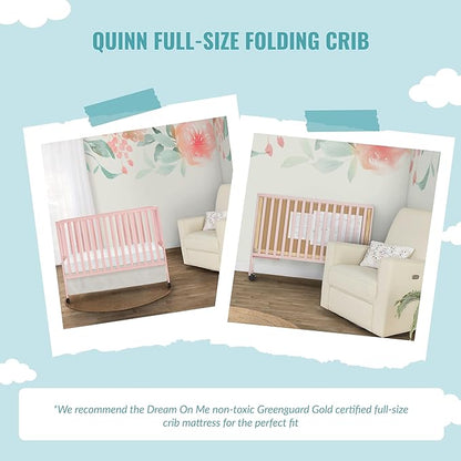 Quinn Full-Size Folding Crib in Blush Pink, Removeable Wheels, Modern Nursey, Adjustable Mattress Support, Portable Crib, Patented Folding System
