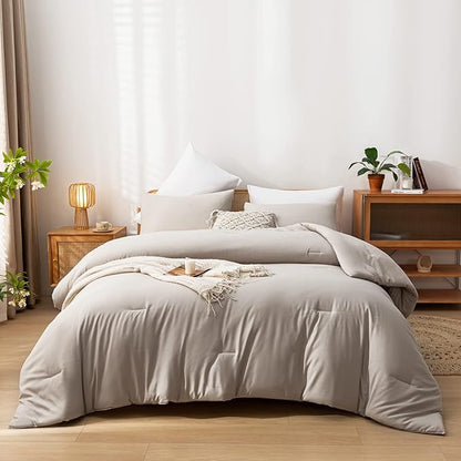 3PCS Boho Full Size Comforter Set Tannish Grey Farmhouse Bed Comforter for Teen Women and Men Reversible Warm Washable Microfiber Comforter for All Season