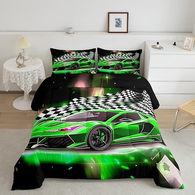 Feelyou Race Car Bedding Set King Size,Boys Extreme Sports Comforter Set for Kids Boys Car Racing Gifts,Green Cool Car Comforter Car Sports Quilt Set 1 Comforter with 2 Pillowcase Car Racing Gifts