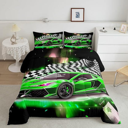 Feelyou Race Car Bedding Set King Size,Boys Extreme Sports Comforter Set for Kids Boys Car Racing Gifts,Green Cool Car Comforter Car Sports Quilt Set 1 Comforter with 2 Pillowcase Car Racing Gifts