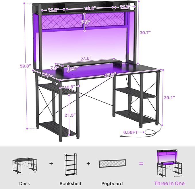 armocity 2024 Upgrade Gaming Desk with Hutch, 48'' Magic Computer Desk with LED Lights and Outlets, Reversible Workstation Desk with Pegboard and Monitor Stand, 48 Gamer Desk PC Table, Black