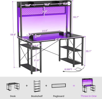 armocity 2024 Upgrade Gaming Desk with Hutch, 48'' Magic Computer Desk with LED Lights and Outlets, Reversible Workstation Desk with Pegboard and Monitor Stand, 48 Gamer Desk PC Table, Black