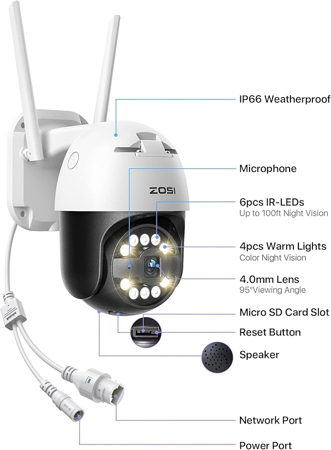 ZOSI 3K 5MP Pan/Tilt WiFi Security Camera, C296 Plug-in Home Surveillance Camera Outdoor, Person Vehicle Detection, Human Tracking, Night Vision, 2 Way Audio, Floodlight Siren, Cloud & SD Card Storage
