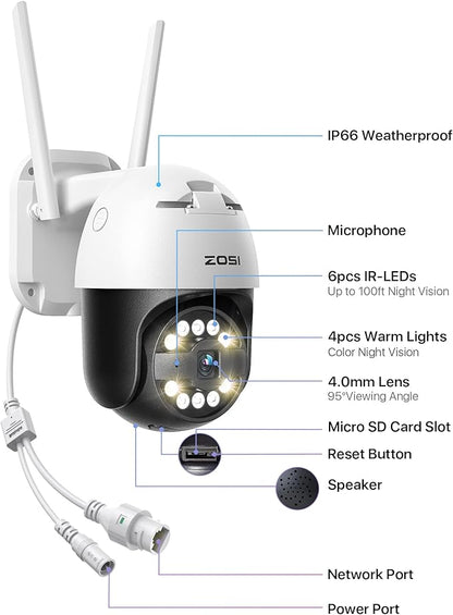 ZOSI 3K 5MP Pan/Tilt WiFi Security Camera, C296 Plug-in Home Surveillance Camera Outdoor, Person Vehicle Detection, Human Tracking, Night Vision, 2 Way Audio, Floodlight Siren, Cloud & SD Card Storage
