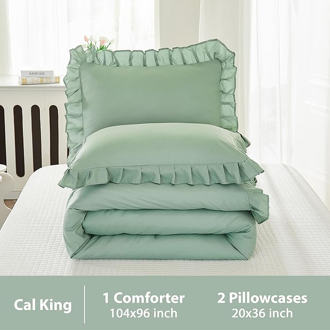 Andency Sage Green California King Comforter Set, 3 Pieces Farmhouse Shabby Chic Cal King Size Ruffle Bed Set, Oversized Soft Lightweight Microfiber Bedding Set
