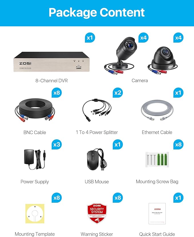 ZOSI 3K Lite 8CH Home Security Camera System Outdoor,8Channel H.265+ CCTV DVR,8pcs 1080p Weatherproof Surveillance Bullet Dome Cameras,Night Vision,AI Human/Vehicle Detection,Remote Access(No HDD)
