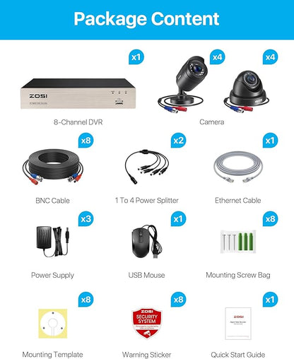 ZOSI 3K Lite 8CH Home Security Camera System Outdoor,8Channel H.265+ CCTV DVR,8pcs 1080p Weatherproof Surveillance Bullet Dome Cameras,Night Vision,AI Human/Vehicle Detection,Remote Access(No HDD)