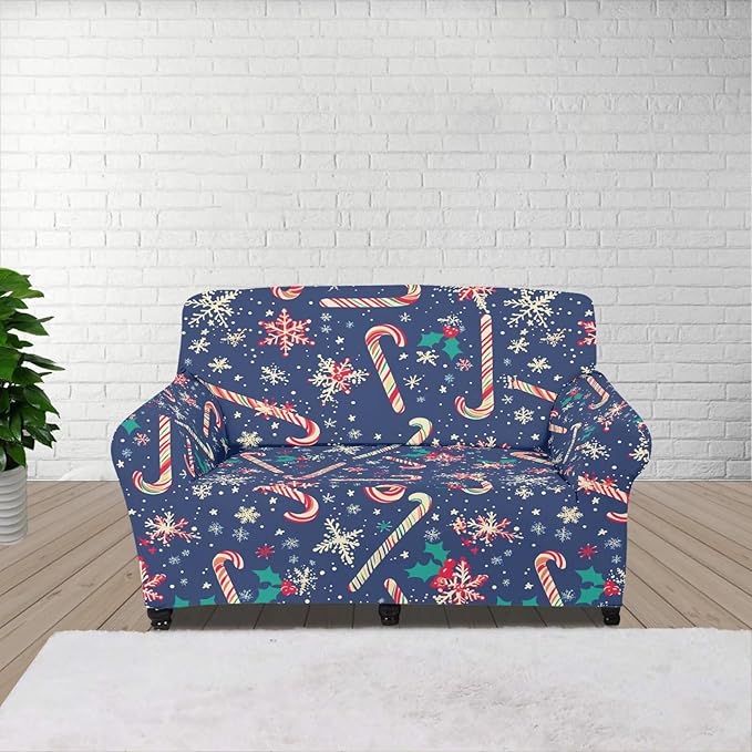 FKELYI Christmas Easy Going Stretch Sofa Slipcover Blue Candy Cane Furniture Protector Easy Going Stretch Sofa Slipcovers with Elastic Bottom M