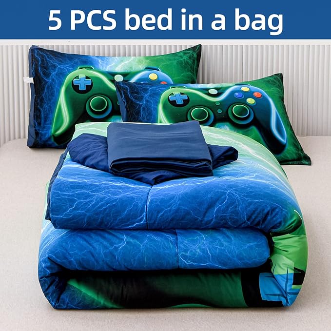 Meeting Story Gamer Gaming Bedding Sets Red Blue Lightnings Gamepad Comforter Set for Boys Games Console Action Buttons Novelty Colorful Modern Room Decor Home Quilt Set (Blue-Grenn, Queen 5Pcs)