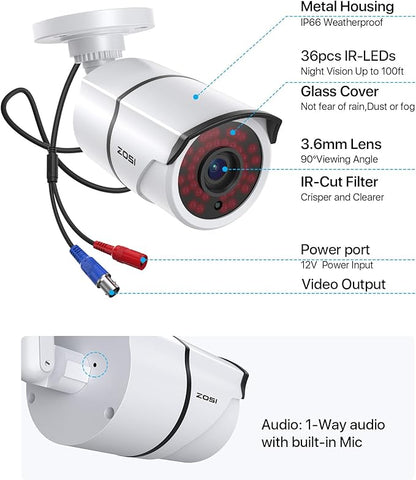 ZOSI 2 Pack 1080P Home Security Cameras with Audio Recording,Built-in Microphone,1920TVL 2.0MP HD-TVI Surveillance Cameras with 120ft IR Night Vision,Waterproof Surveillance Bullet Camera System