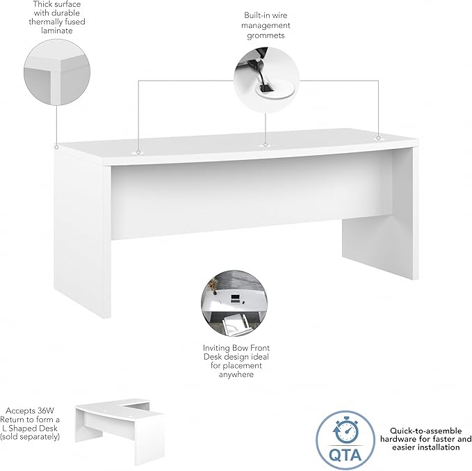 Bush Business Furniture Echo Bow Front Desk, 72W, Pure White