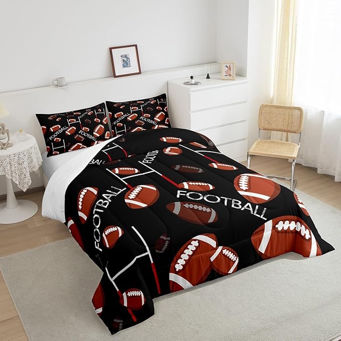 Feelyou Rugby Sports Comforter Set Queen Size Football Comforter for Kids Teens Adults Soccer Ball Game Bedding Set Gift for Football Lover Duvet Set Room Decor 3Pcs with 2 Pillow Case