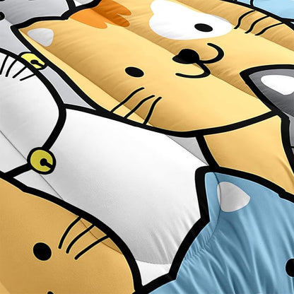 Cat Comforter Twin Size Cartoon Cat Comforter Set Cute Cat Print Bedding Sets for Girls Room Kids Cat Twin Quilt Set, 1 Comforter+1 Pillowcase