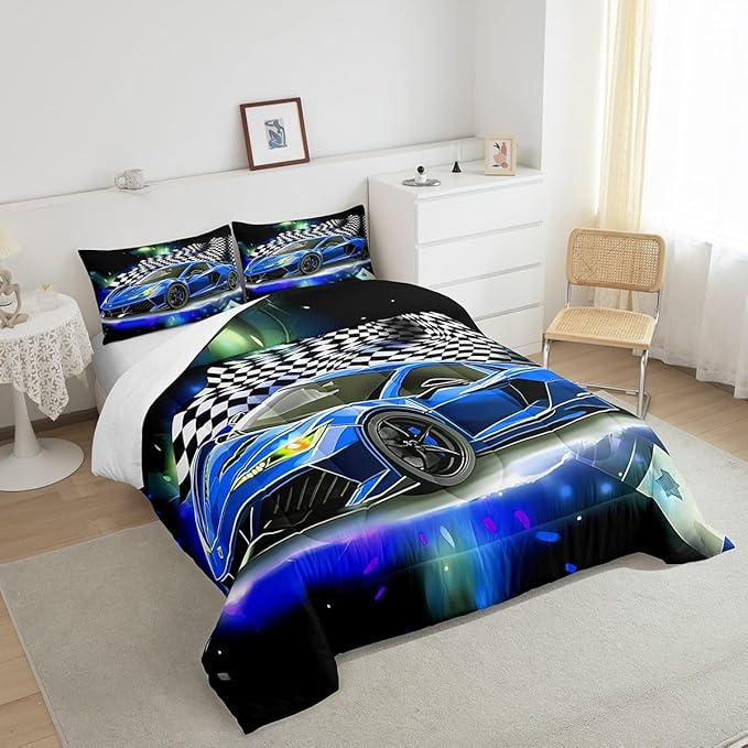 Feelyou Blue Racing Car Comforter Set King Size, Fast and Furious Extreme Sport Games Bedding Sets for Kids Boys Teens,Sports Car Bed in A Bag,Cool Modern Duvet Insert with 2 Pillowcases