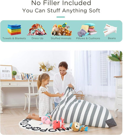 Aubliss Stuffed Animal Storage Bean Bag Chairs Cover, 50"x 35" Extra Large Bean Bags Chair for Kids Adults, Beanbag Toy Storage for Boys Girls - Premium Cotton Canvas Grey Stripe