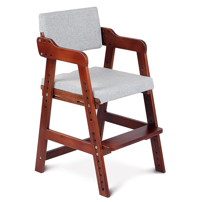 Ezebaby Wooden High Chair for Toddlers to Teens, Adjustable Kids Study Chair with Steps, Kids Dining Chair with Removable Cushion (Nut-Brown)
