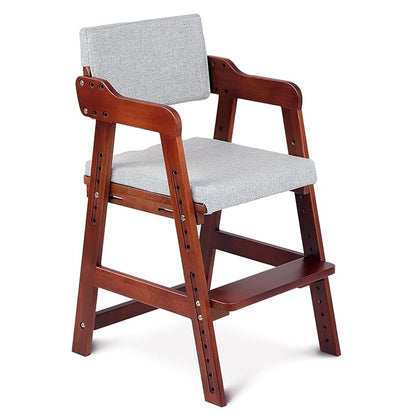 Ezebaby Wooden High Chair for Toddlers to Teens, Adjustable Kids Study Chair with Steps, Kids Dining Chair with Removable Cushion (Nut-Brown)