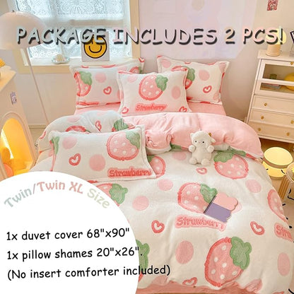 MorroMorn Twin Duvet Cover Set, Pink Strawberry Cute Bedding Sets, Fluffy Comforter Covers Lightweight Blanket Ultra Soft Kawaii for Girls Kids Toddler Teen Women Twin/Twin XL Size