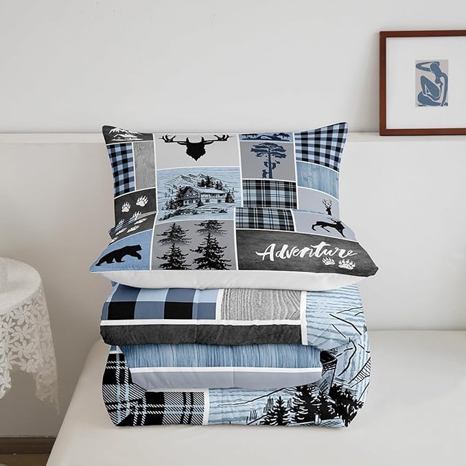 Manfei Deer Antler Comforter Set Full Size,Bear Paws Rustic Farmhouse Xmas Bedding Set for Kids Boys Girls Adults Room Decor,Plaids Patchwork Adventure Down Comforter,Blue Duvet Insert,2 Pillowcases