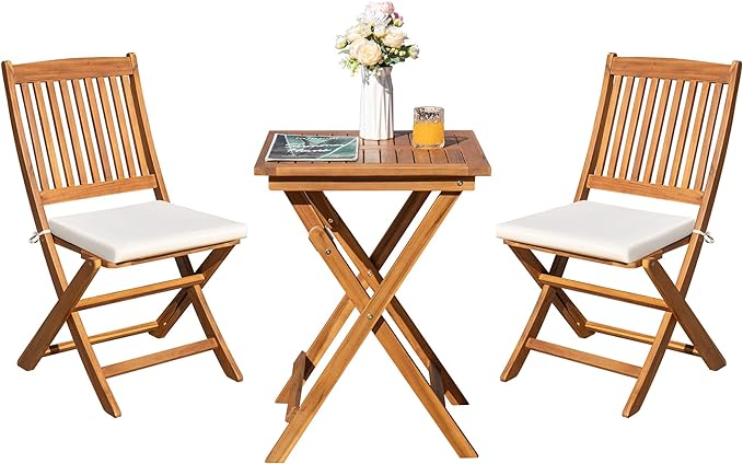 Greesum 3 Piece Patio Folding Furniture Bistro Set with 2 Chairs and Square Table for Pool Beach Backyard Balcony Porch Deck Garden, Acacia Wood