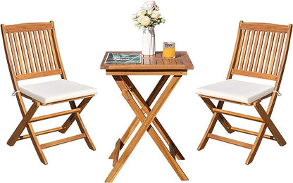 Greesum 3 Piece Patio Folding Furniture Bistro Set with 2 Chairs and Square Table for Pool Beach Backyard Balcony Porch Deck Garden, Acacia Wood