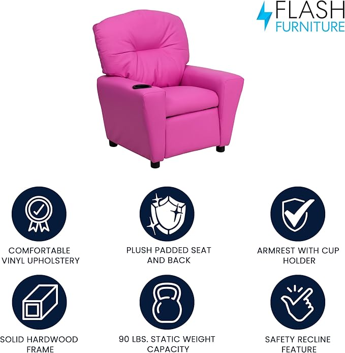 Flash Furniture Chandler Vinyl Kids Recliner with Cup Holder and Safety Recline, Contemporary Reclining Chair for Kids, Supports up to 90 lbs., Hot Pink