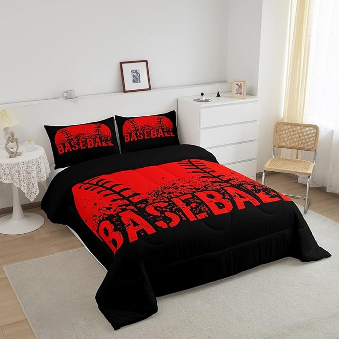 Baseball Comforter Set Full Size Kids Red Black Sports Quilt Bedding Set For Boys Girls,Reversible Black Bedding Comforter Sets Soft Lightweight For All Season,1 Comforter And 2 Pillow Cases